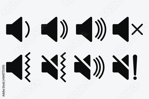 Speaker icon set, sound icon set, volume icon vector, loudspeaker icon vector, mute and unmute volume sound flat vector icons for video apps and websites.