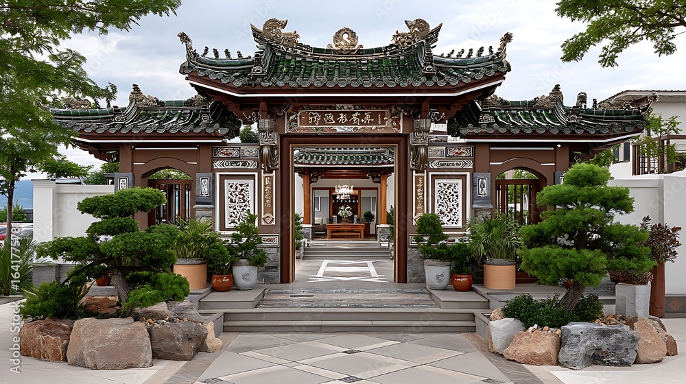 Naklejka premium Oriental temple front gate rich in cultural motifs high resolution image