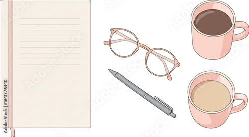 notebook with pen and glasses coffee tea transparent background