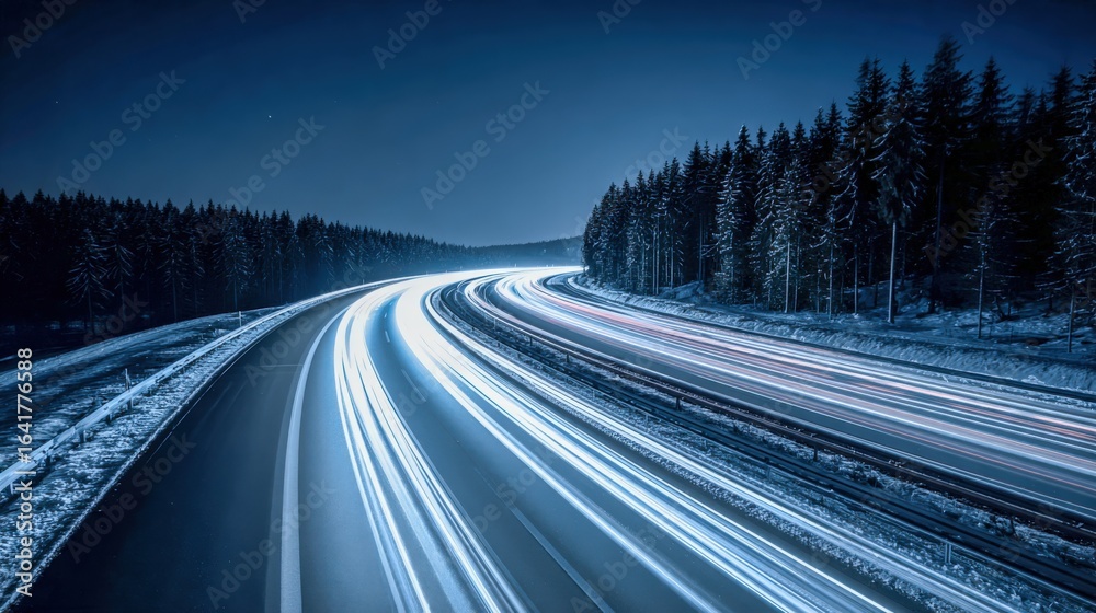 Night Highway Long Exposure with Light Trails Passing Through a Dark Forest Landscape Night Highway Long Exposure with Light Trails Passing Through a Dark Forest Landscape