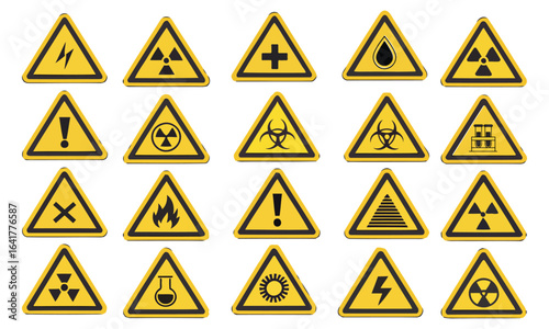 Collection of yellow warning hazard symbols and danger signs