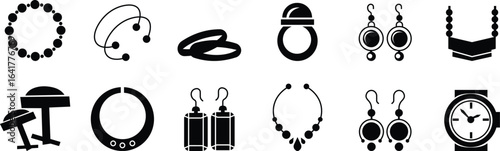 Woman's jewelry icon set elegant vector of rings, neckless, bangles, and watches, in minimalist black silhouette style for fashion design accessory branding E-commerce stores luxury boutique for web
