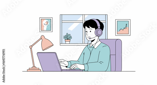Professional Male Working Remotely at a Stylish Home Office Setup with Headset, Laptop, and Desk Lamp, Perfect for Illustrating Modern Business Concepts, Remote Work Culture, and Digital Communication