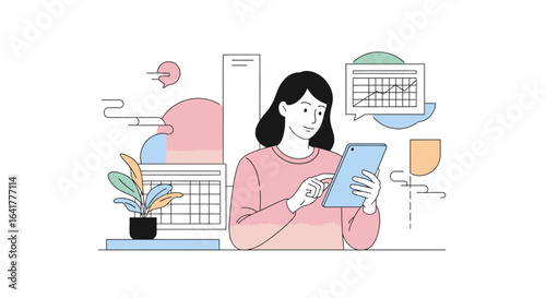 Modern Businesswoman Engaged in Digital Strategy Using a Tablet in a Chic Office Setting, Surrounded by Charts, Graphs, and Stylish Office Decor for Innovative Productivity