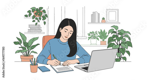 Focused Young Woman Writing in Notepad at Home Office Among Lush Green Plants and Modern Décor, Ideal for Blogs on Productivity, Remote Work, and Stylish Work Environments