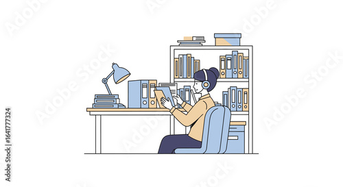Focused Young Man in Cozy Home Office Dedicating Time to Study with a Tablet and Headphones, Surrounded by Organized Books and Documents in a Brightly Lit Workspace Environment