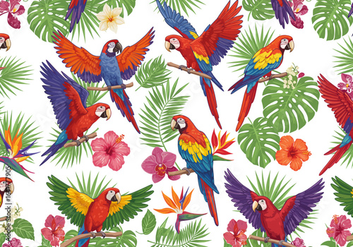 Vibrant tropical macaw parrots and exotic flowers create a stunning seamless pattern for lively designs, bringing nature's beauty and a touch of paradise to any project.