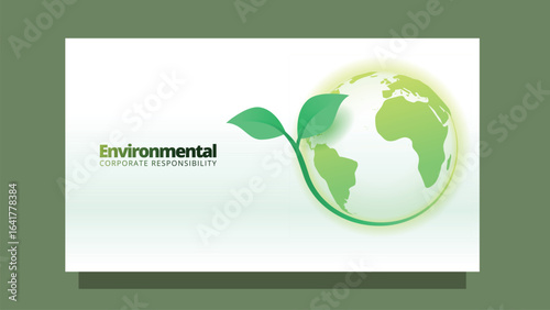 environmental corporate responsability concept. earth globe with green leaf. modern clean style screen size template for web or presentation vector illustration
