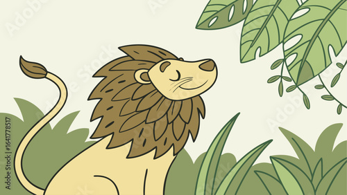 Cartoon lion in jungle foliage