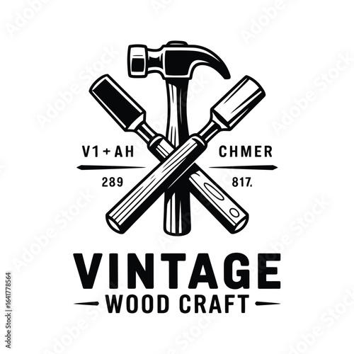 Vintage wood craft logo with chisel and hammer elements vector isolated black and white for traditional woodworking branding