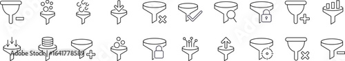 Pack of Filter Related Line Icons. Funnel or Vortex Outline Signs for Graphic and Web Design, Apps, Adverts, Various Cards