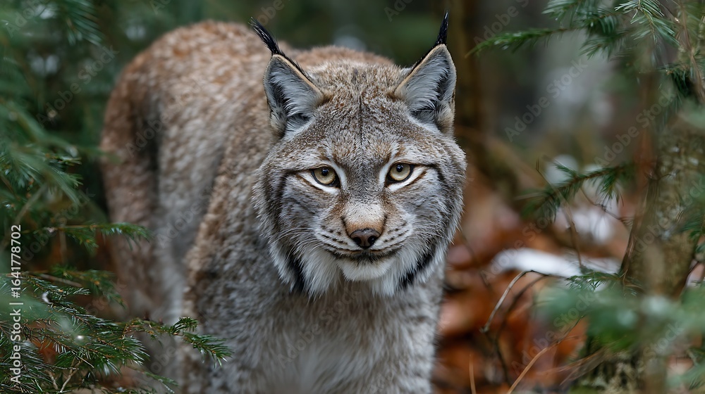 Fototapeta premium A majestic lynx with striking facial markings emerges from dense green foliage in a forest setting