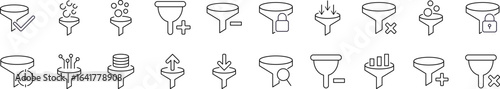 Filter Thin Line Icon Set. Funnel or Vortex Outline Signs for Graphic and Web Design, Apps, Adverts, Various Cards