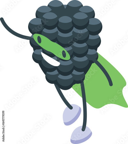 Cartoon blackberry superhero flying and smiling, wearing a green cape, promoting healthy eating habits