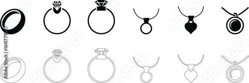 Woman's jewelry icon set elegant vector of rings, neckless, bangles, and watches, in minimalist black silhouette style for fashion design accessory branding E-commerce stores luxury boutique for web
