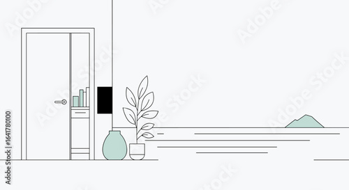 Modern minimalist interior design concepts for small living spaces featuring a sleek entryway and a vibrant indoor plant enhancing the overall aesthetic appeal