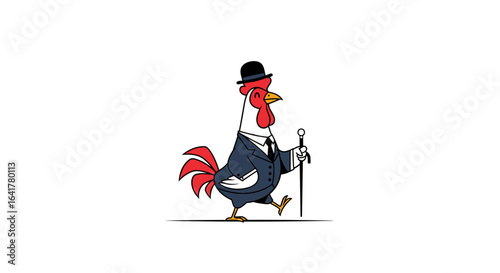 A distinguished rooster in a sharp suit and bowler hat confidently walks with a cane