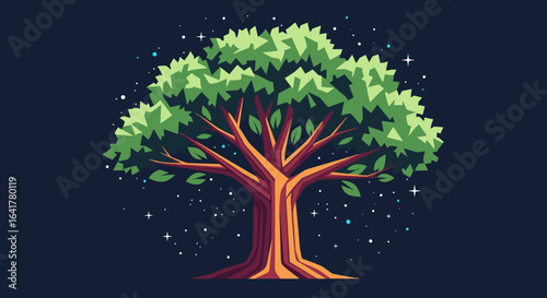 A magnificent green tree stands tall against a starry night sky symbolizing nature and growth