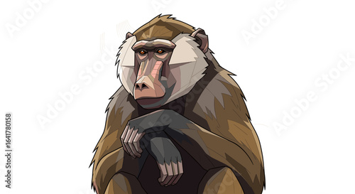 An illustration of a baboon primate sitting calmly with a curious expression on its face surrounded by a white background