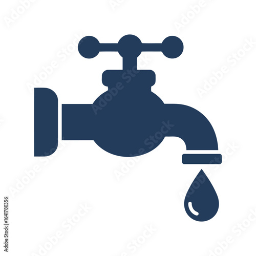 Dark blue water faucet illustration with dripping water drop plumbing icon tap symbol liquid flow utility graphic