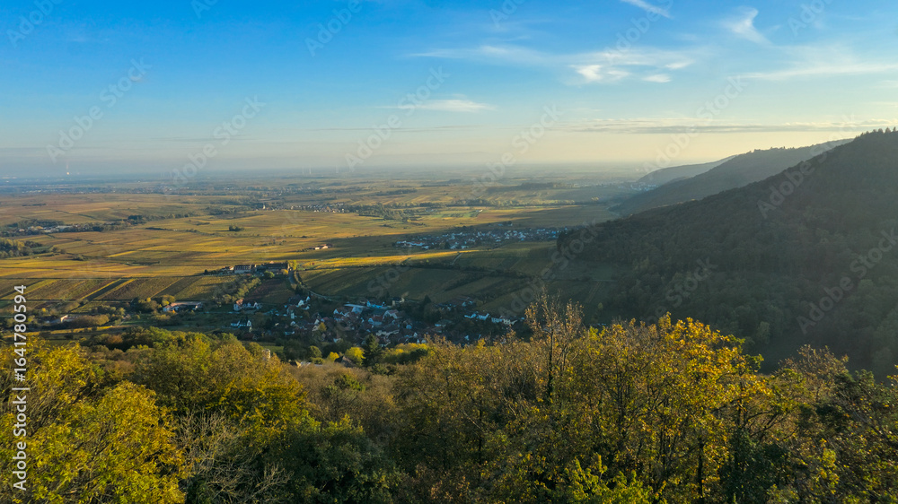 Naklejka premium Palatinate Forest, Germany: An aerial view from the edge of the Palatinate Forest, showcasing the transition from forested hills to the flat Rhine Valley, with a village and agricultural fields in the