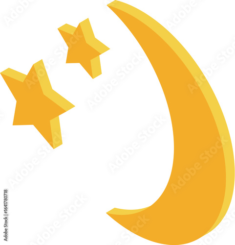 Golden crescent moon with two shining stars, creating a magical and celestial atmosphere in isometric projection