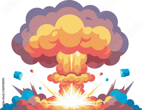 Cartoon illustration of a large, colorful explosion with a mushroom cloud shape and debris scattered around.