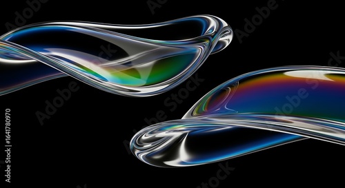 Abstract Iridescent Glass Sculpture on Black Background  Modern Art Digital Rendering with Smooth Curves and Reflective Surfaces