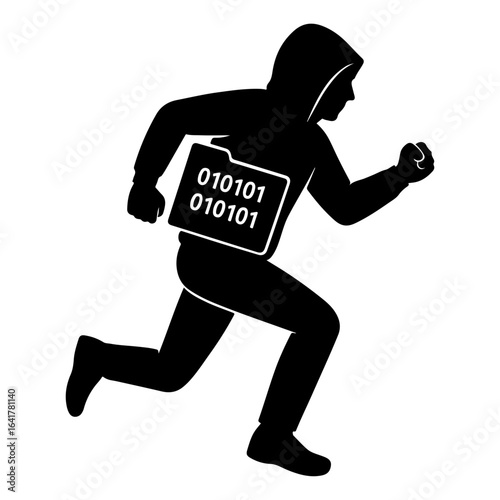Silhouette of a hacker running with a folder containing binary code representing data theft and cybercrime