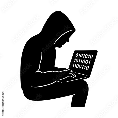 Silhouette of a hacker using a laptop to commit cybercrime and steal sensitive data online