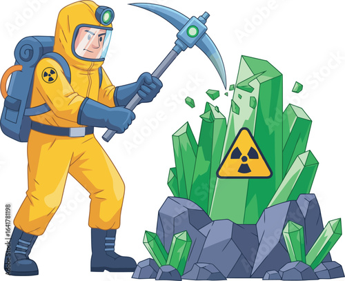 A hazmat-suited miner extracts glowing radioactive crystals from a rock face using a pickaxe.