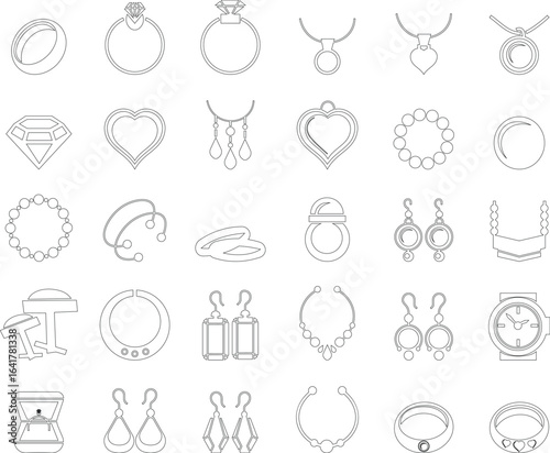 Woman's jewelry icon set elegant vector of rings, neckless, bangles, and watches, in minimalist black silhouette style for fashion design accessory branding E-commerce stores luxury boutique for web