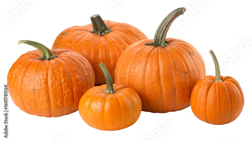 Group of five orange pumpkins of various sizes, isolated on transparent background