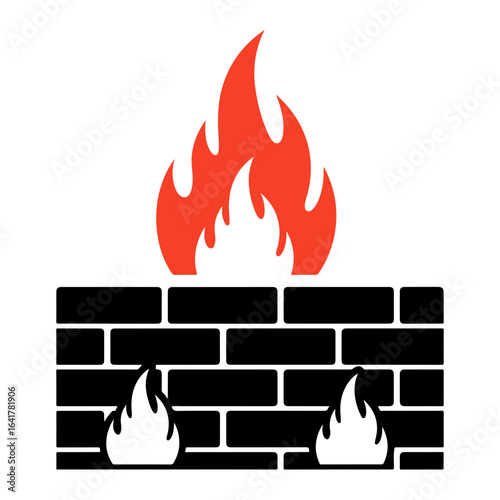 Illustration of a firewall with flames representing network security and protection against cyber threats and unauthorized access