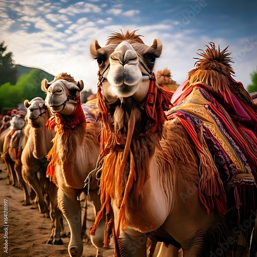 Three camels in the morning light