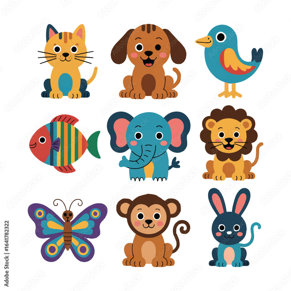 Fototapeta premium Collection of cute cartoon animals, including a cat, dog, elephant, lion, butterfly, and rabbit, isolated on a white background