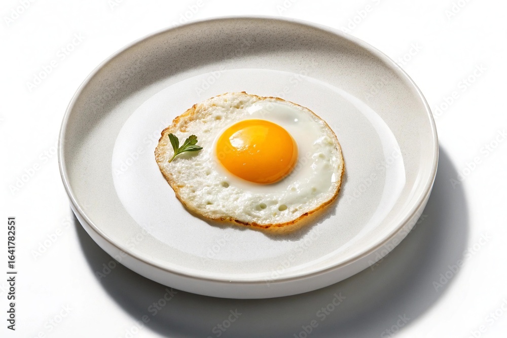 Single fried egg on a white plate isolated on white background Single fried egg on a white plate isolated on white background