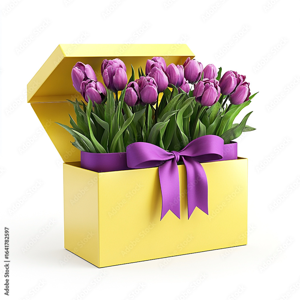 Obraz premium Yellow gift box filled with purple tulips and green leaves tied with a purple ribbon