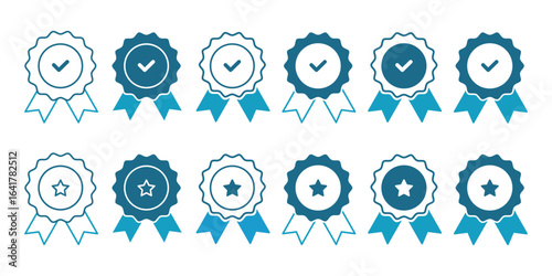Approval check big icon set. Verified, certified, medal, correct mark, award ribbon, badge, quality certify sign - stock. Approval , verified, quality symbol. Certified, qualified medal icon vector.