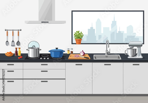 Bright and modern kitchen interior with white cabinets and stainless steel appliances creating a clean and functional cooking space