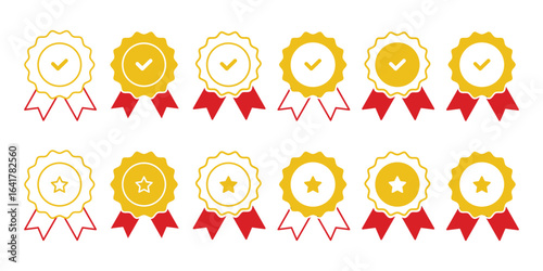 Approval check big icon set. Verified, certified, medal, correct mark, award ribbon, badge, quality certify sign - stock. Approval , verified, quality symbol. Certified, qualified medal icon vector.