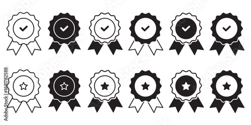 Approval check big icon set. Verified, certified, medal, correct mark, award ribbon, badge, quality certify sign - stock. Approval , verified, quality symbol. Certified, qualified medal icon vector.