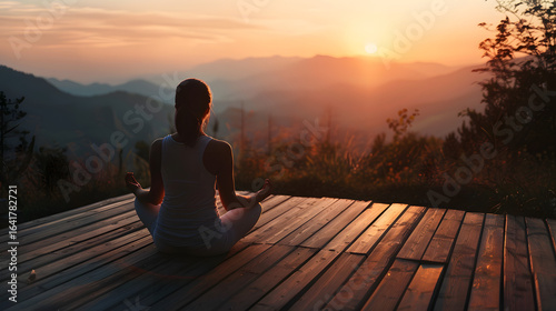 a serene woman meditating at sunrise on a wooden deck overlooking mountains, soft warm lighting, peaceful and spiritual atmosphere, plenty of space for brand message, 16:9