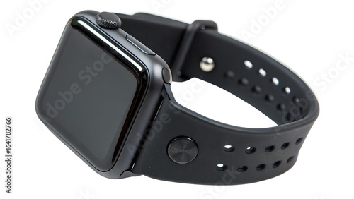 Black smartwatch with a black silicone strap, isolated on transparent background