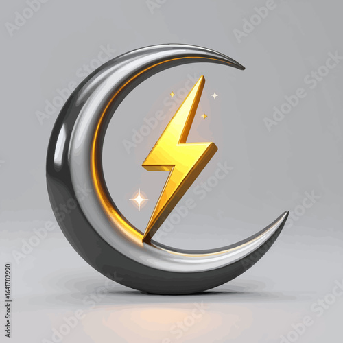 3D render of a crescent moon with a golden lightning bolt