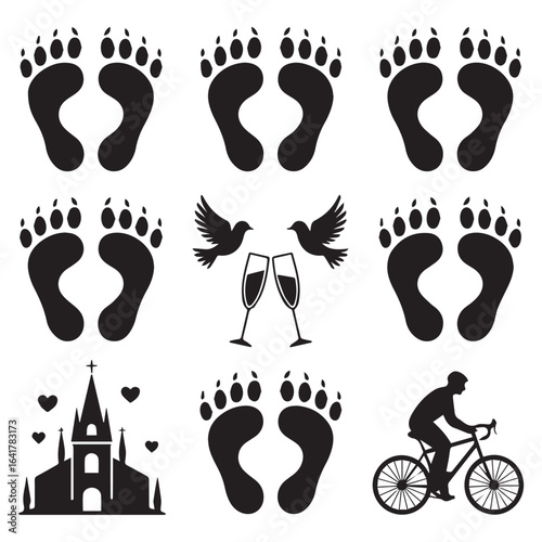 Collection of graphic icons including bear paw prints, wedding doves with champagne, church, and cyclist, isolated on white background