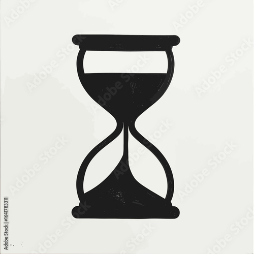 A black and white illustration depicts an hourglass, with sand in one chamber and the lower chamber empty. Textured, graphic style