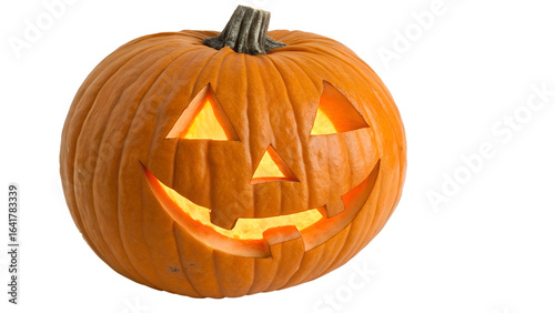 Glowing carved halloween pumpkin jackolantern isolated on transparent background