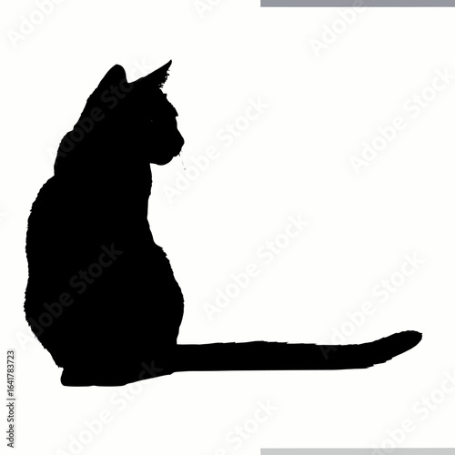 A black cat silhouette sits with tail extended. A few strands protrude from its mouth. Background is pure white
