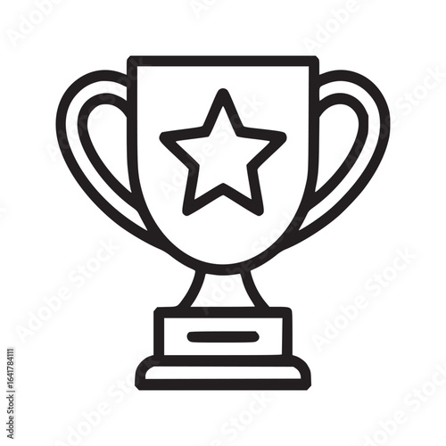 A simple line drawing of a trophy with a star on it and handles on either side on a white background